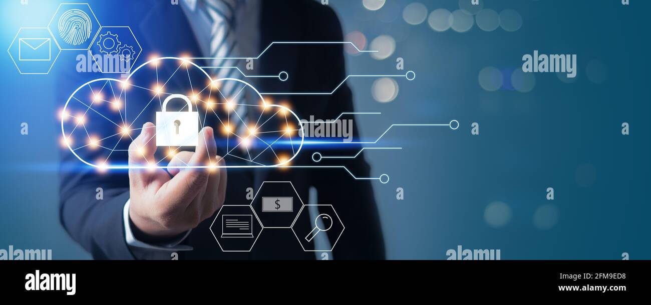 Cloud Server computing security, businessman hand and holding locked of network connection system and save media and database concept Stock Photo