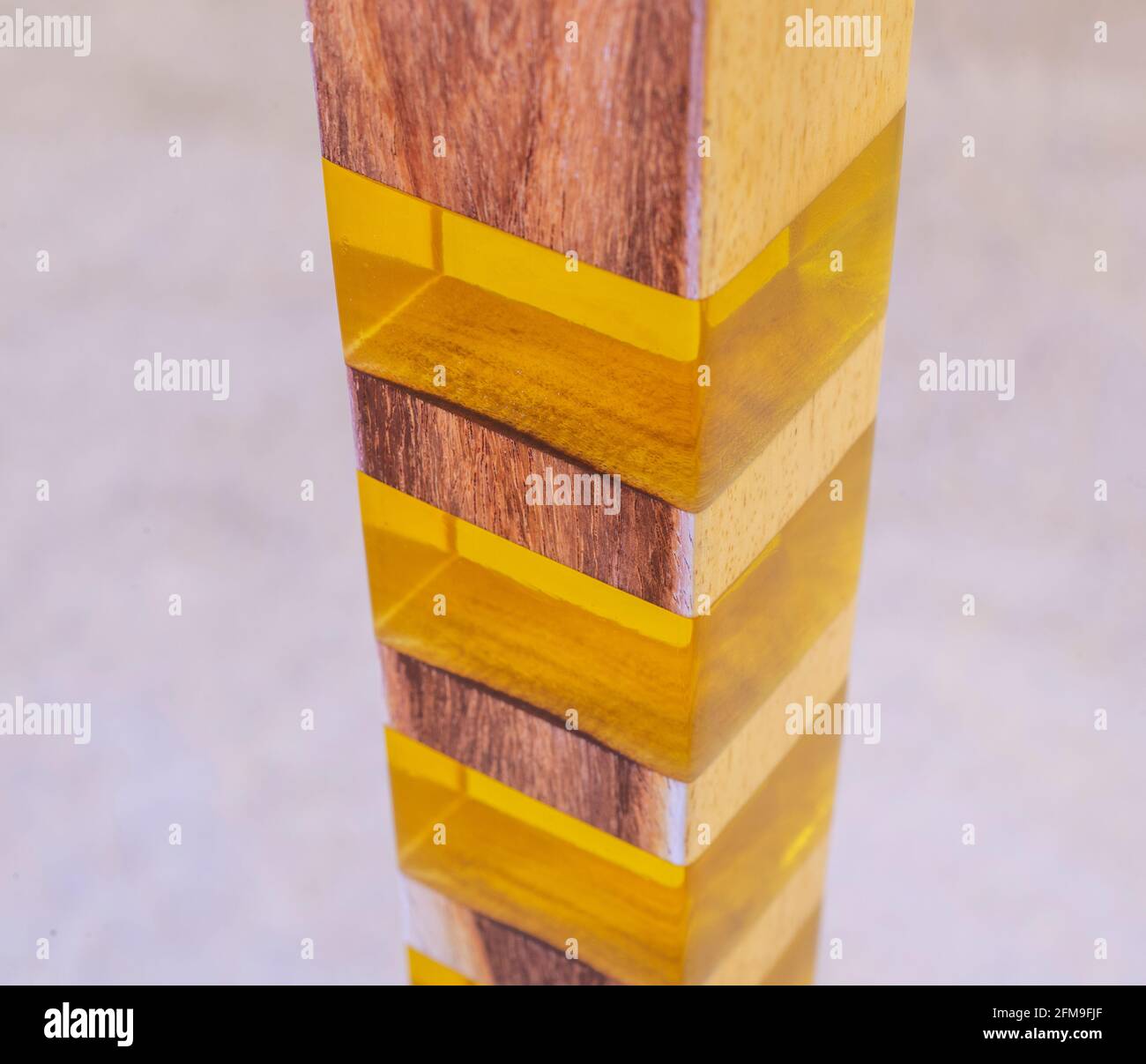 Abstract closeup detail of interior design decor furnishing with epoxy resin in wooden furniture Stock Photo