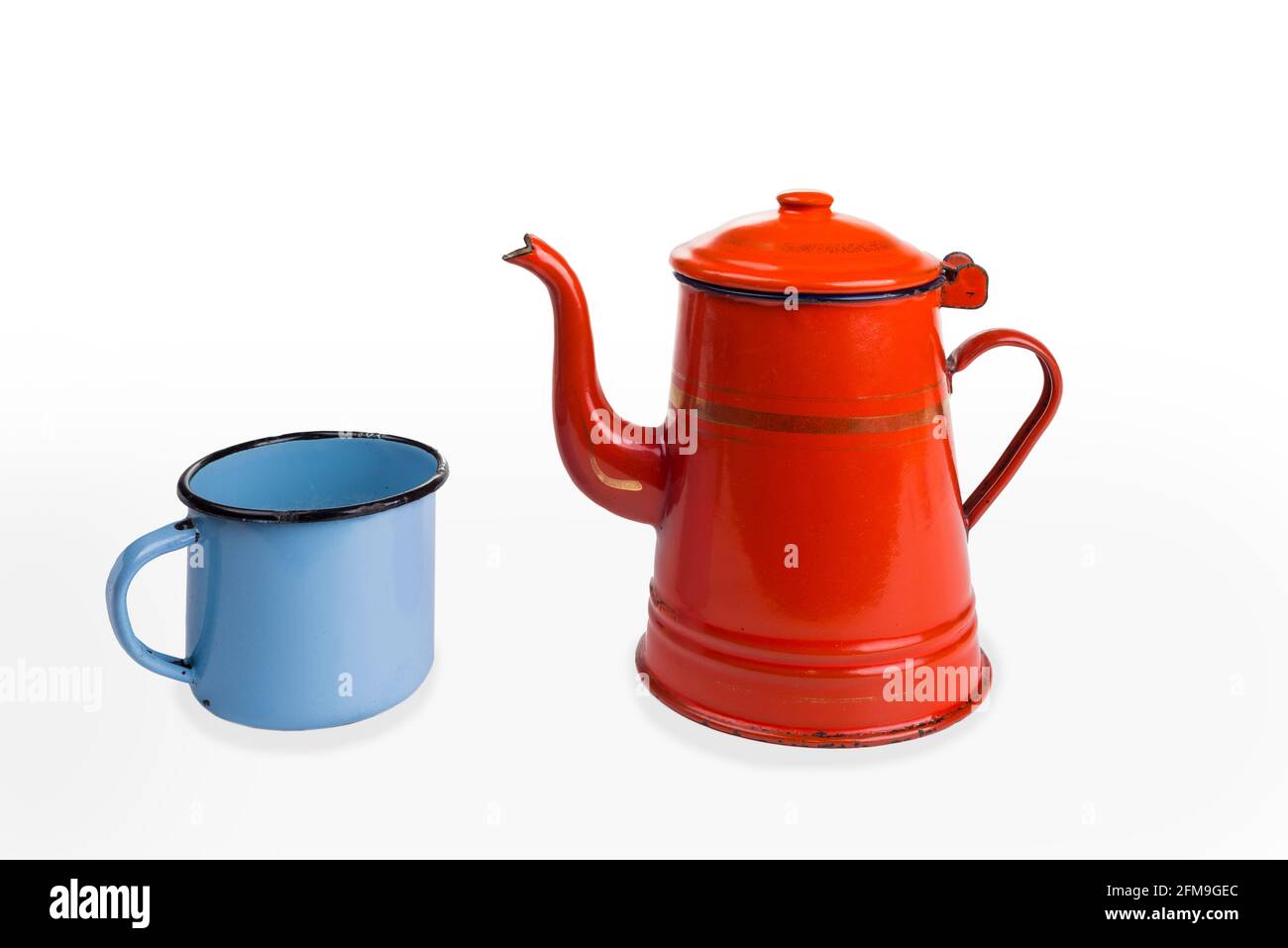 Old vintage enamel teapot and cup Stock Photo Alamy