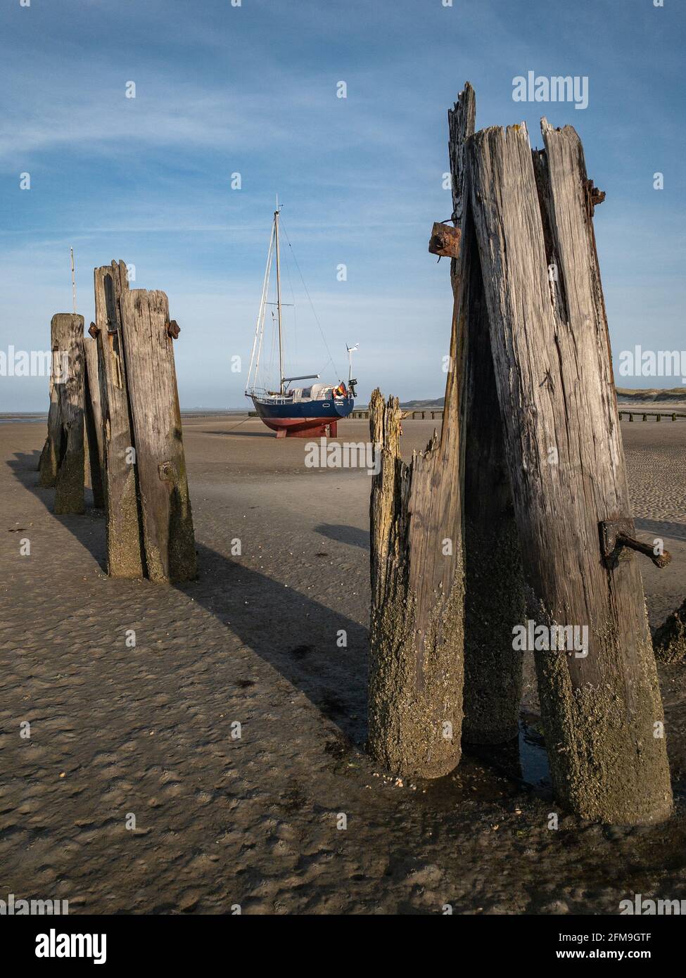 East beach Wangerooges at low tide with a sailboat. Remains of wood from the old jetty buildings. Stock Photo