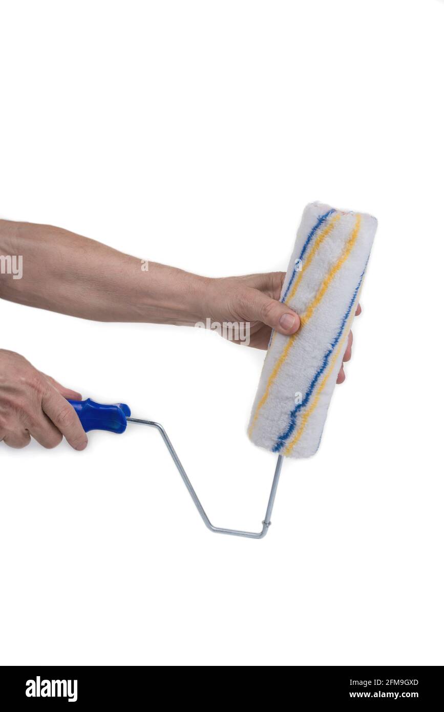 New paint roller with handle on a white Stock Photo Alamy