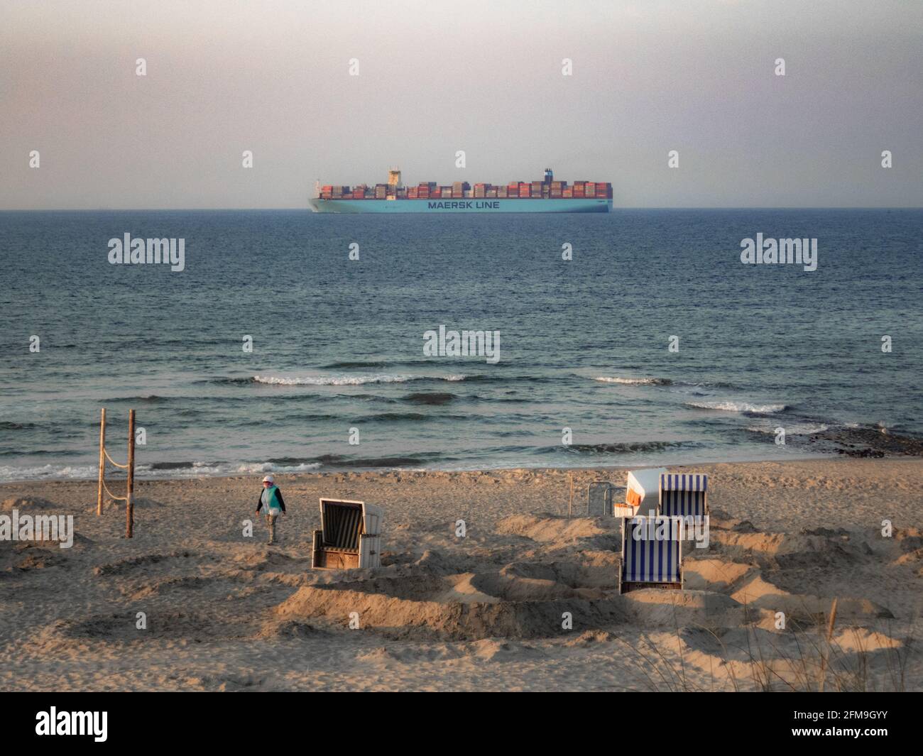 View of the Maersk Line container ship in front of Wangerooge Stock Photo