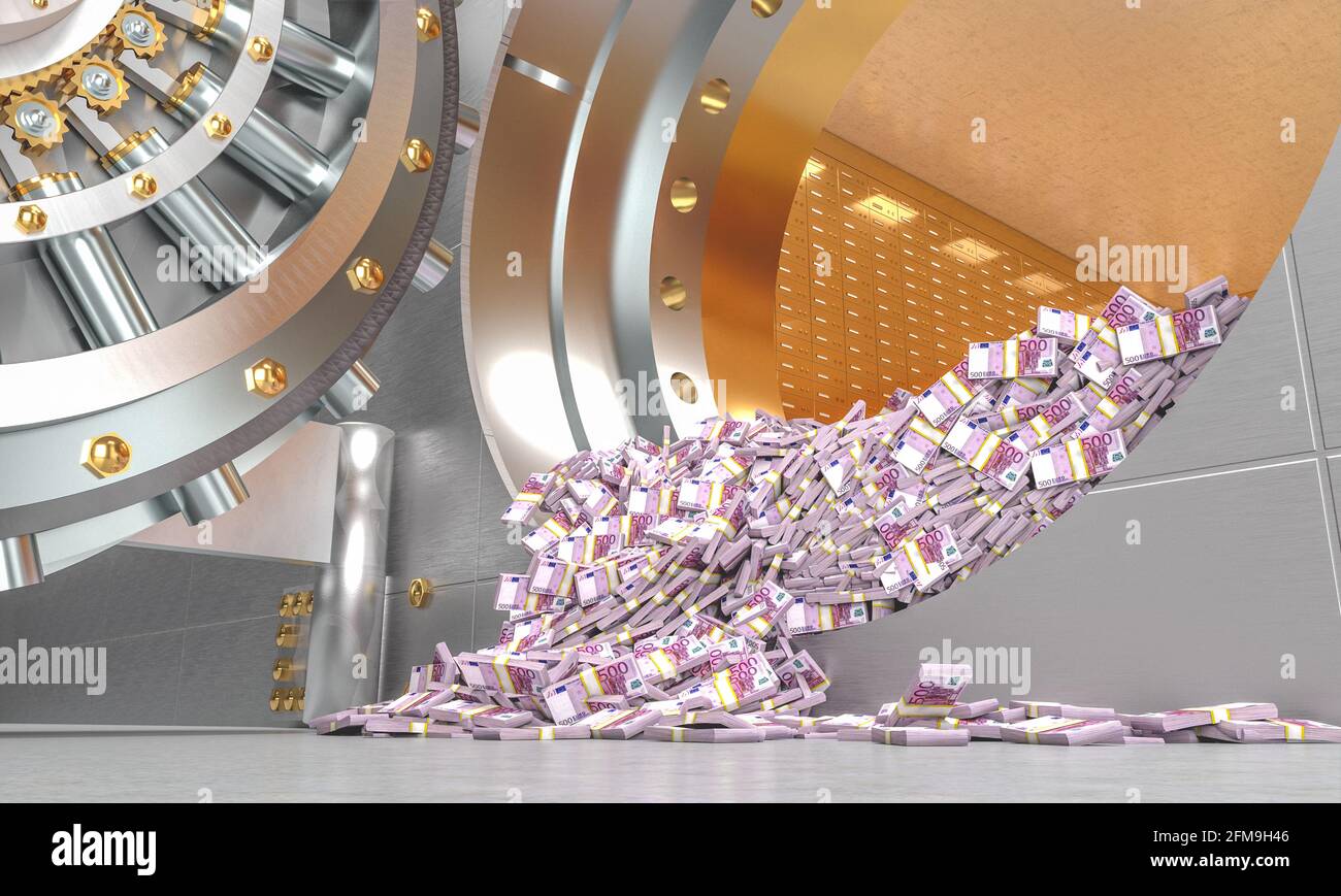 wads of euro money coming out of a vault door. 3d render. Stock Photo