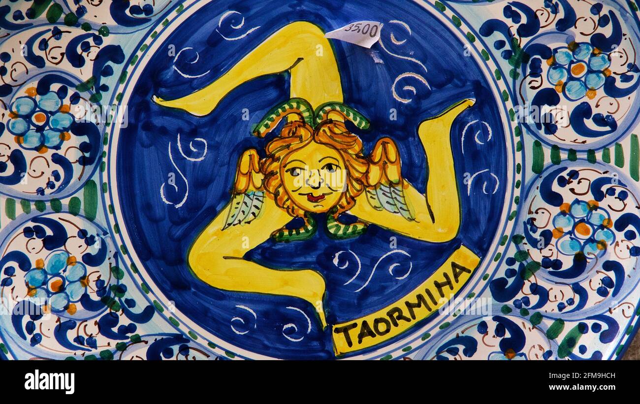 Italy, Sicily, Taormina, city center, wall mosaic, Trinakria, head of