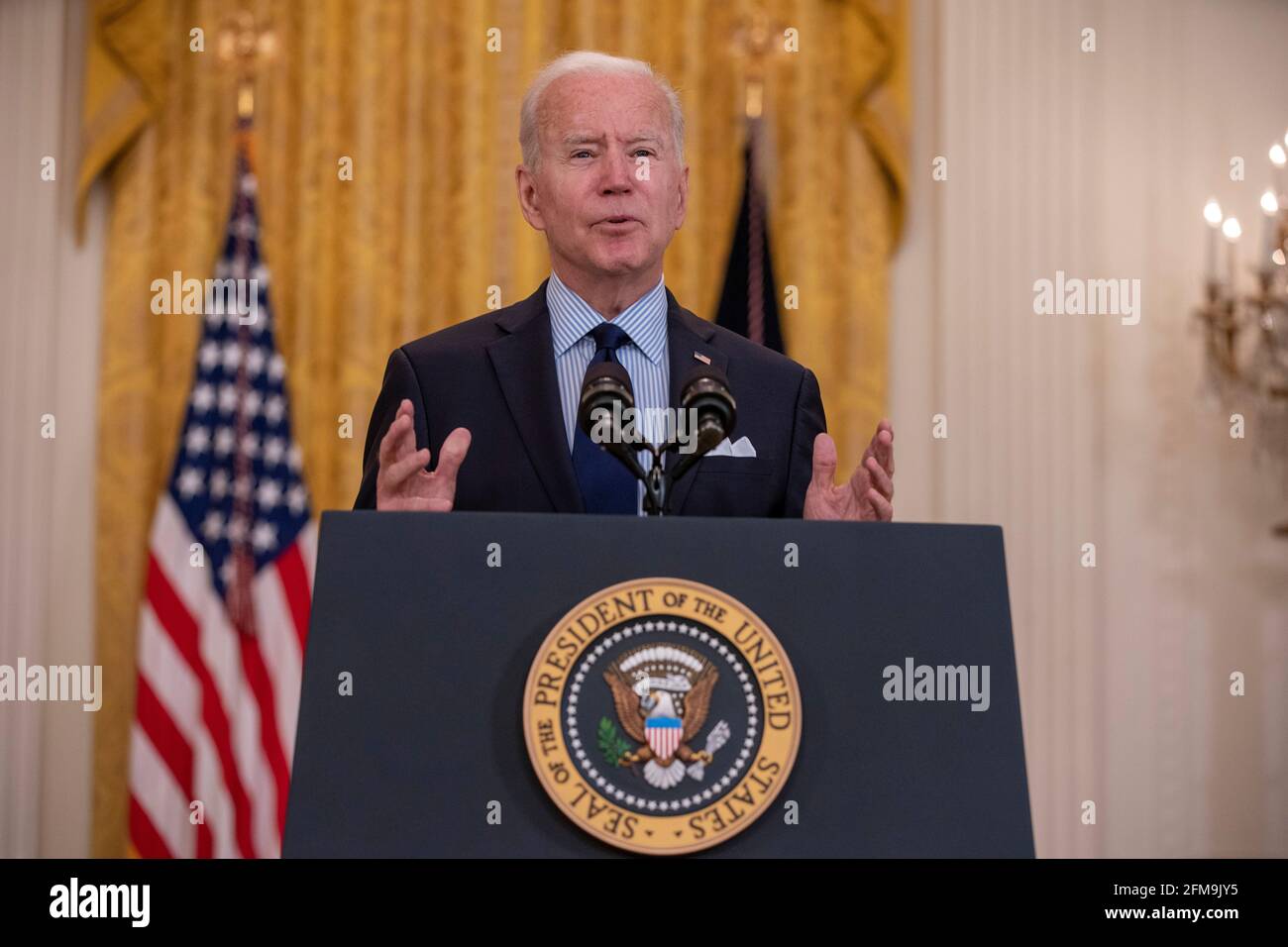 Washington, United States. 07th May, 2021. President Joe Biden speaks about the April jobs report in the East Room of the White House in Washington, DC on Friday, May 18, 2021. The U.S. economy brought back far fewer jobs than estimated in April and the unemployment rate unexpectedly increased. Photo by Tasos Katopodis/Pool/Sipa USA Credit: Sipa USA/Alamy Live News Stock Photo