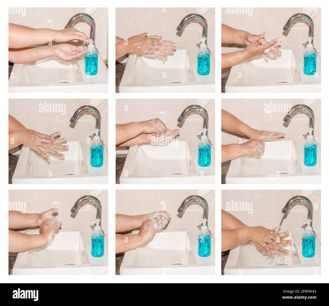 Hand Hygiene - Steps of Cleaning Hands with Hand washing Soap, Corona virus prevention hand wash steps with soap Stock Photo