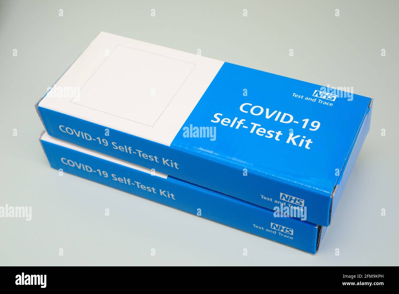 NHS Covid 19 self test kit for use by people without coronavirus symptoms. If people test positive and self-isolate, it helps stop the virus spreading Stock Photo