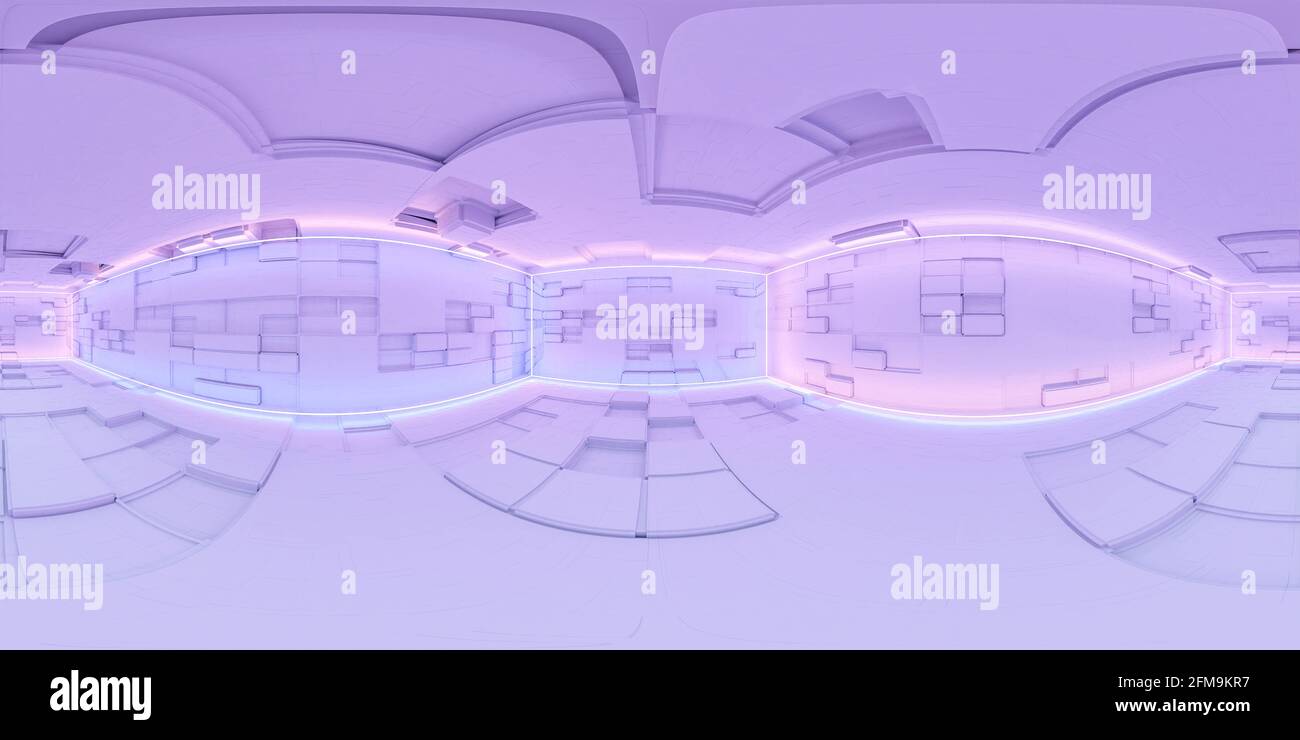 full 360 panorama of modern technology design white bulding interior with blue and violet neon lighting 3d render illustration 3d render illustration Stock Photo