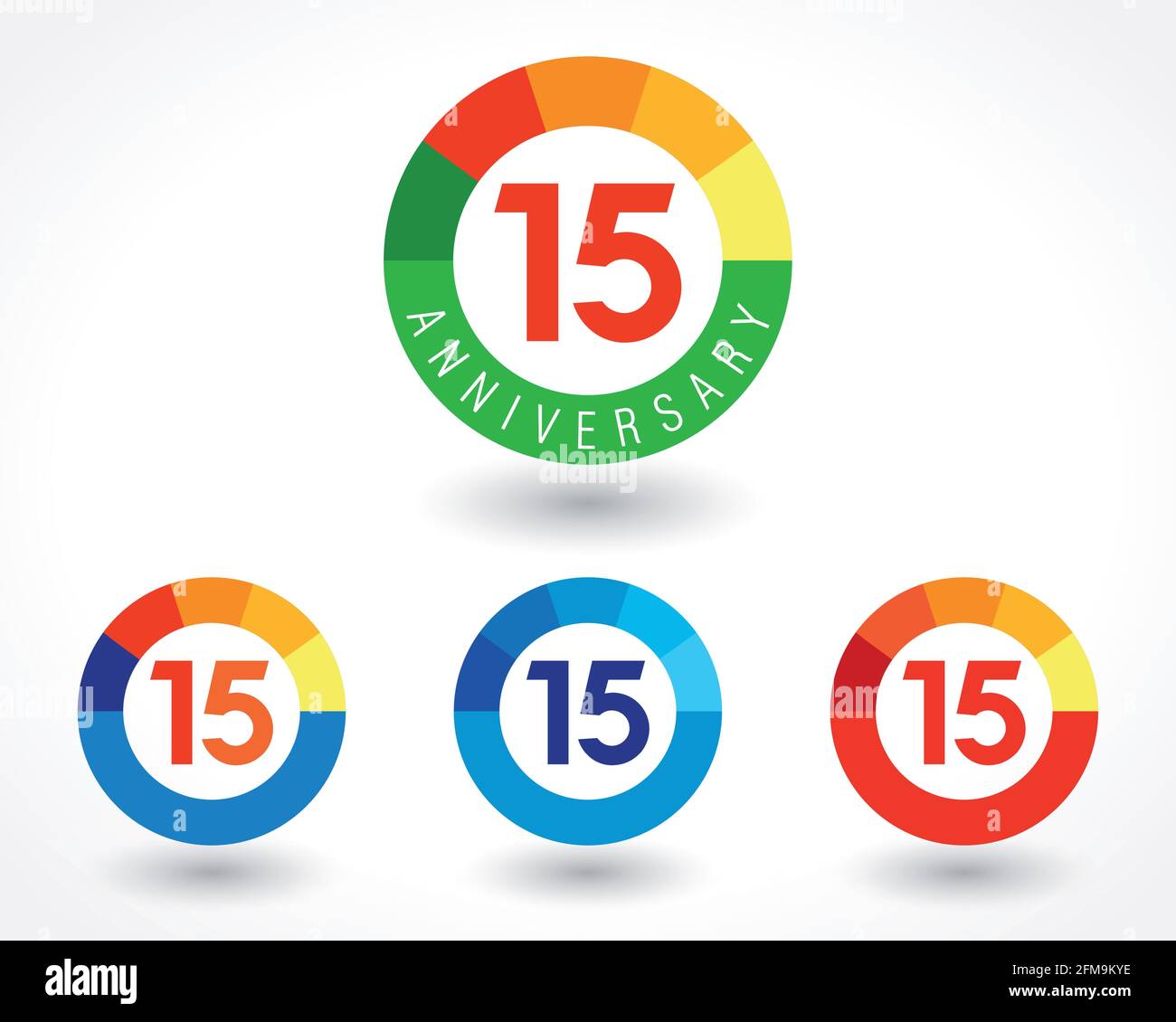 15 years old logotype concept. Coloured 15 th anniversary set. Abstract isolated graphic design template. Celebrating greetings. Congratulating number Stock Vector