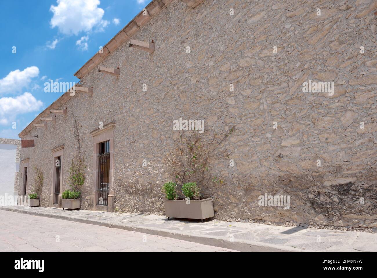 Mexican house with desert architecture, sunny day, no people and flowerpots at the entrance Stock Photo