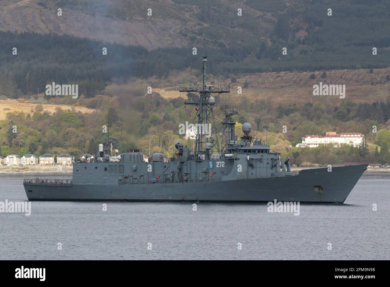 ORP Generał Kazimierz Pułaski, an Oliver Hazard Perry-class guided missile frigate operated by the Polish Navy, passes Gourock on her arrival for Exercise Joint Warrior 21-1. This particular vessel previously served in the United States Navy as USS Clark (FFG-11) from 1980 to 2000, when she was transferred to the Polish Navy. Stock Photo
