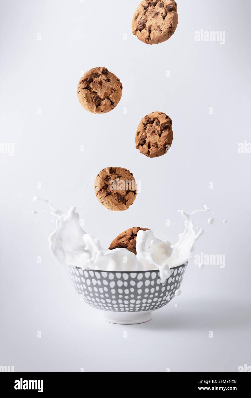 chocolate chip cookies, falling into white milk with splash on white background, vertical, cold and light colors Stock Photo