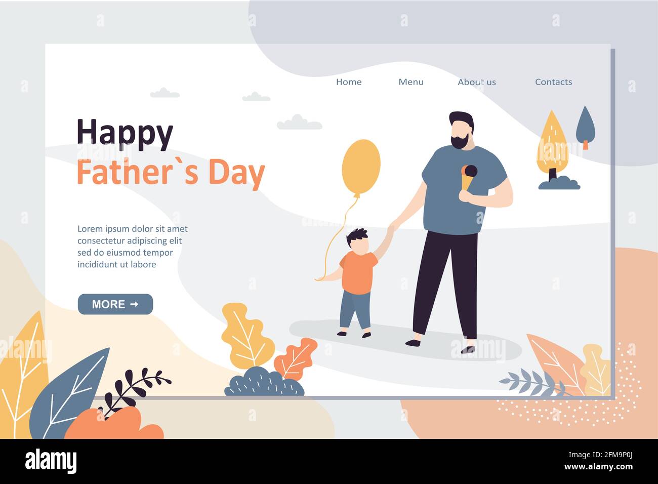 Happy father day landing page template. Dad spends time with son