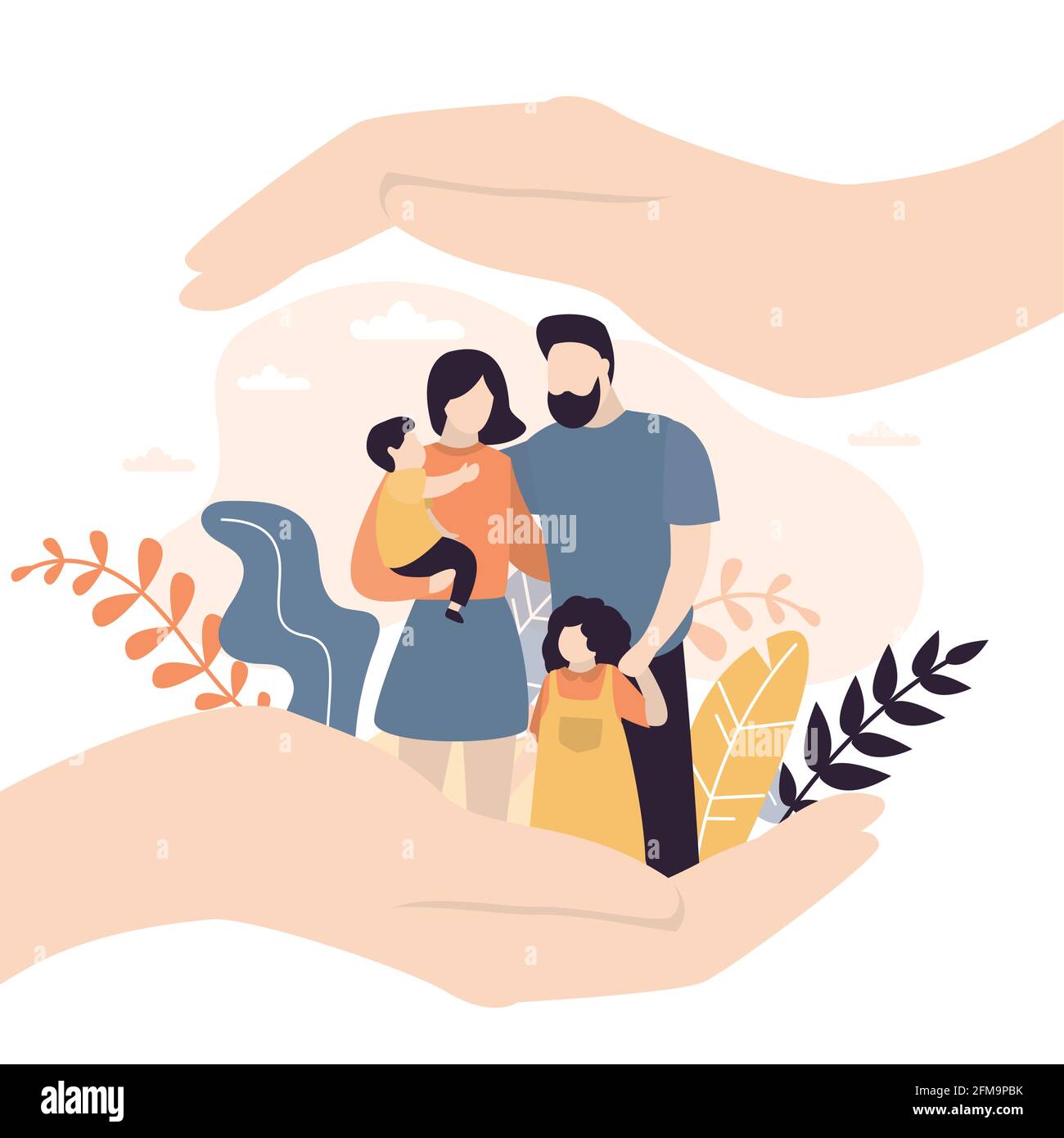 Insurance and healthcare concept background. Big hands holding and covering tiny young love couple with children. Medical or financial assurance,famil Stock Vector
