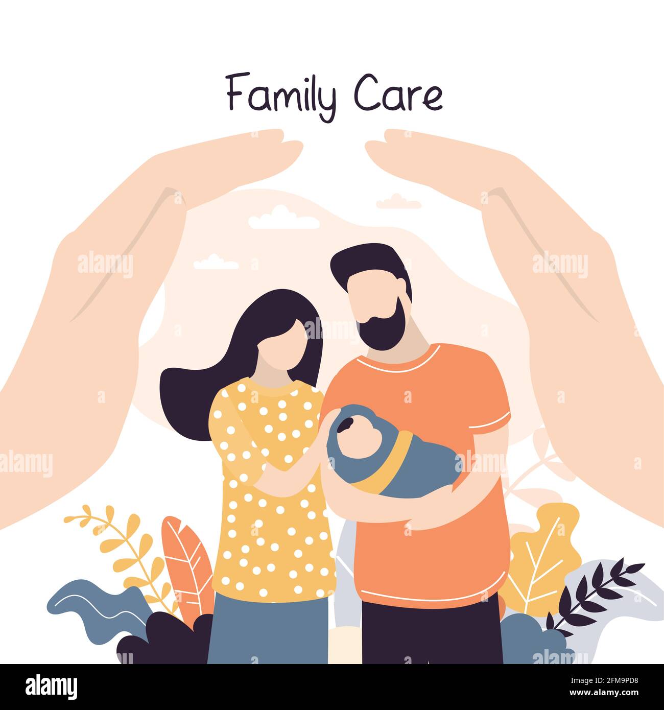 Insurance and healthcare concept background. Big hands covering tiny young love couple with newborn baby. Medical or financial assurance,family care b Stock Vector