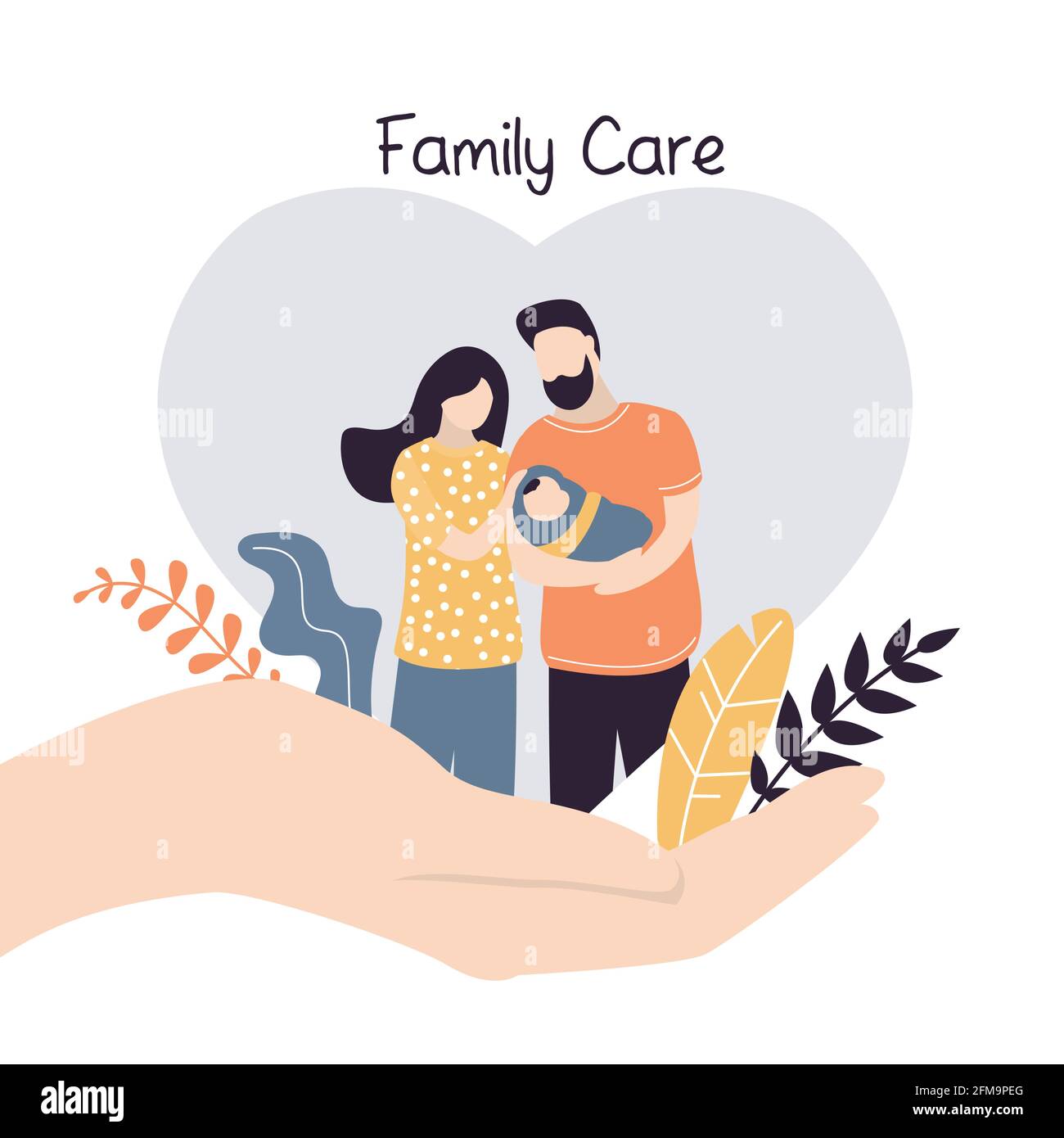 Insurance and healthcare concept background. Big hand hold tiny young love couple with newborn baby. Medical or financial assurance,family care banner Stock Vector
