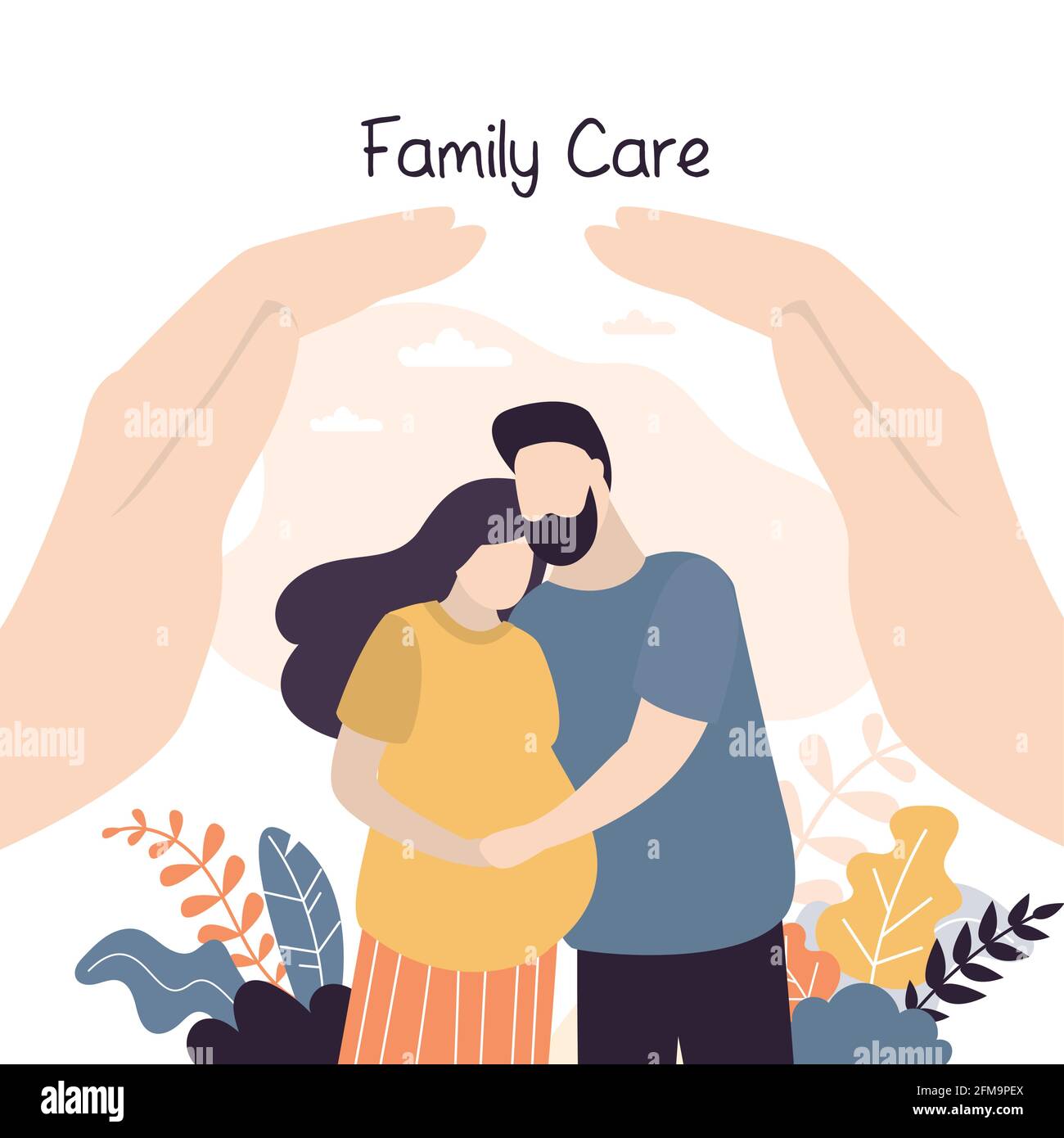 Insurance and healthcare concept background. Big hands covering tiny young love couple with care.Medical or financial assurance,family care banner tem Stock Vector