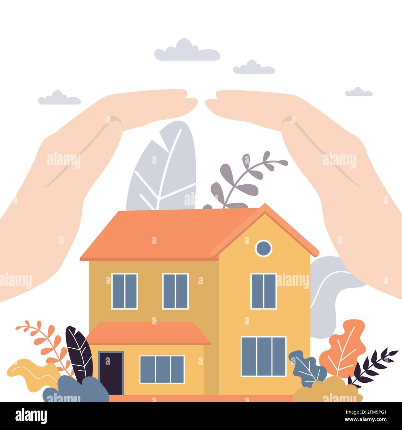 Real estate insurance concept background. Hands of businessman covering house with care. Home security protection banner. Trendy vector illustration Stock Vector