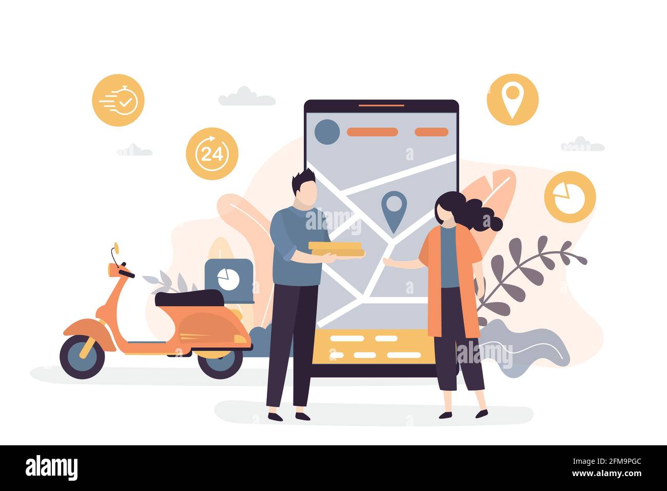 Delivery of goods from the online store, the definition of geo location using navigation. Courier biker delivers goods from online marketplace. Woman Stock Vector