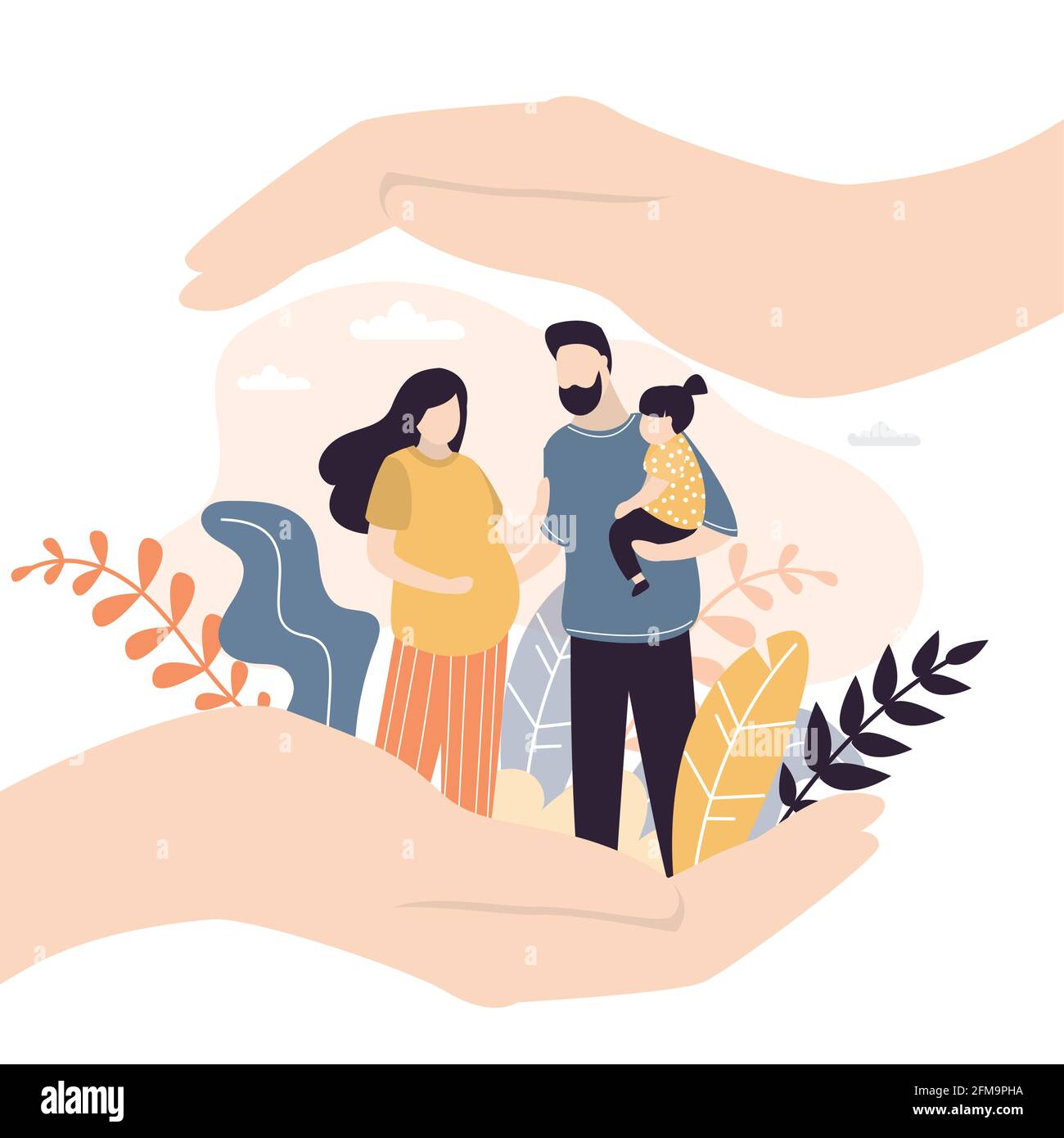 Insurance and healthcare concept background. Big hands covering tiny young love couple with care.Medical or financial assurance,family care banner tem Stock Vector