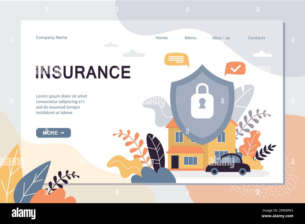 Insurance landing page template. House and transport are well protected, concept background. Home security protection web banner. Shield with lock. Tr Stock Vector