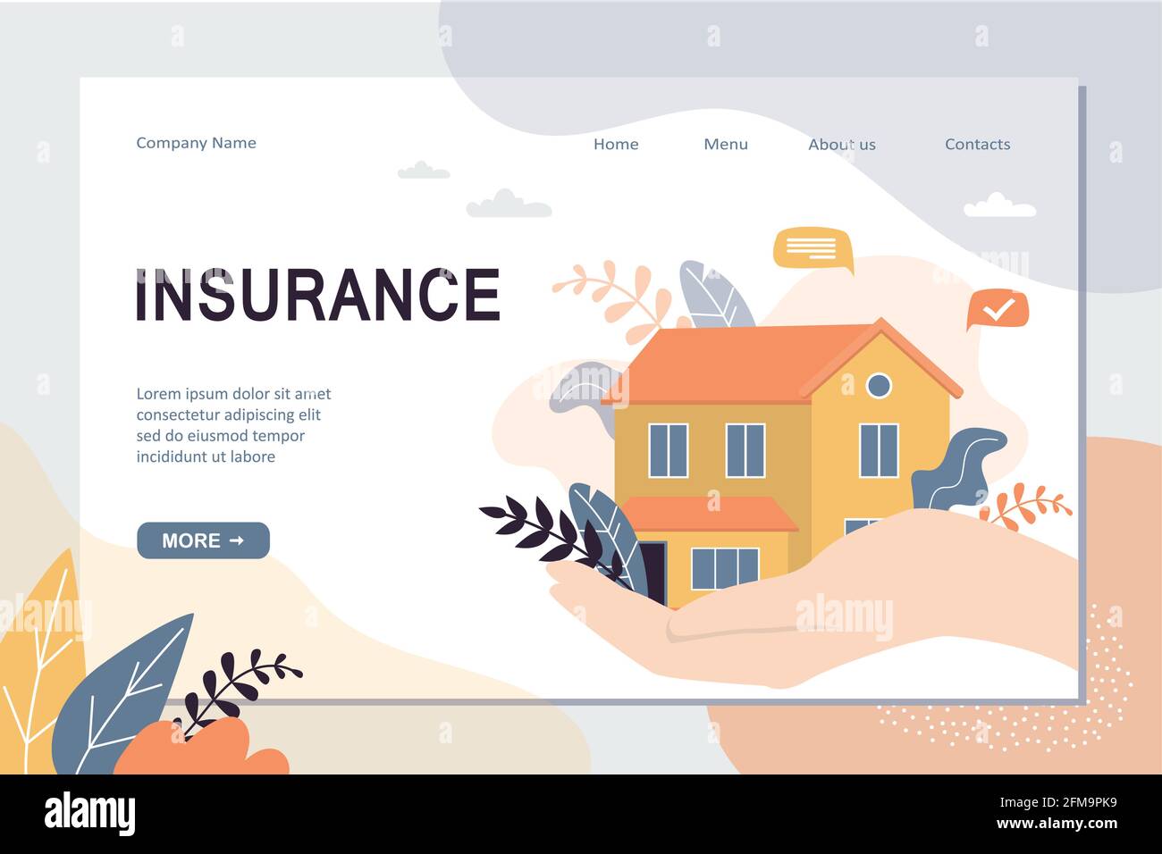 Real estate insurance landing page template. House on hand with care, concept background. Home security protection web banner. Trendy vector illustrat Stock Vector