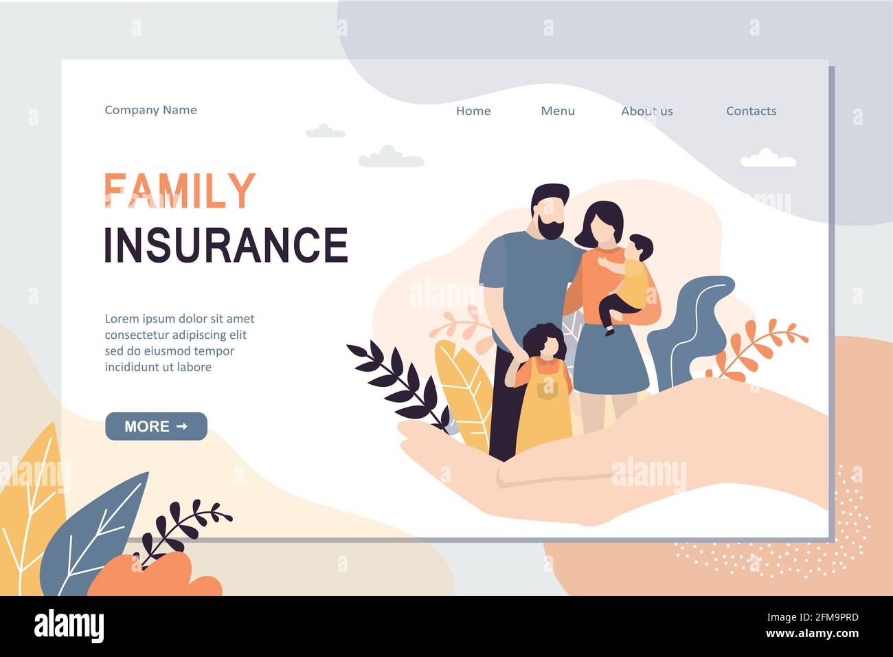 Family Insurance and healthcare landing page template. Big hand holding tiny people with children. Medical or financial assurance banner. Love couple Stock Vector