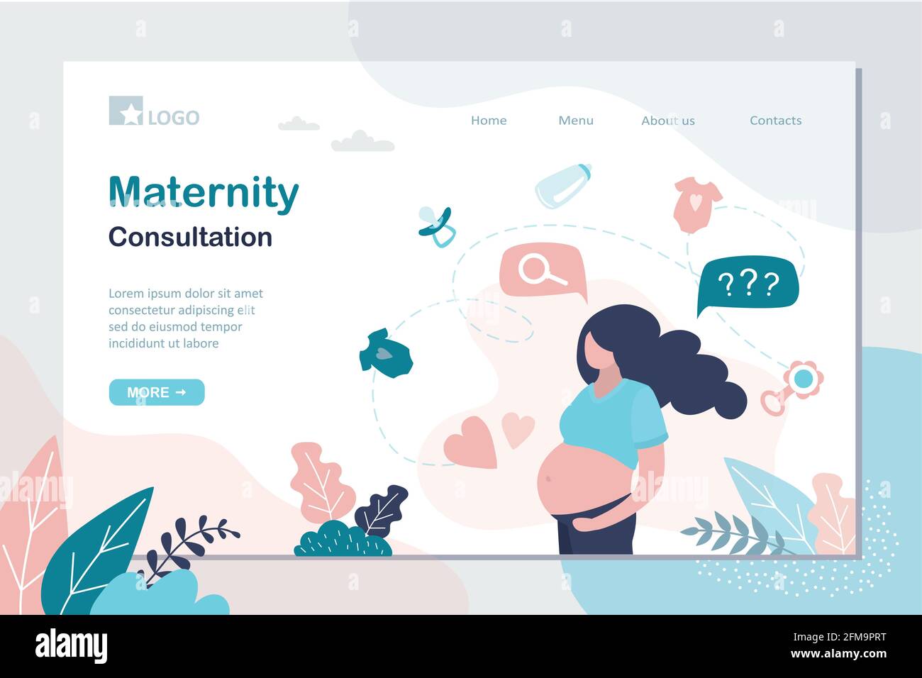 Maternity consultation landing page template. Beauty pregnant woman and items for the newborn. Woman thinking about giving birth and caring for a baby Stock Vector