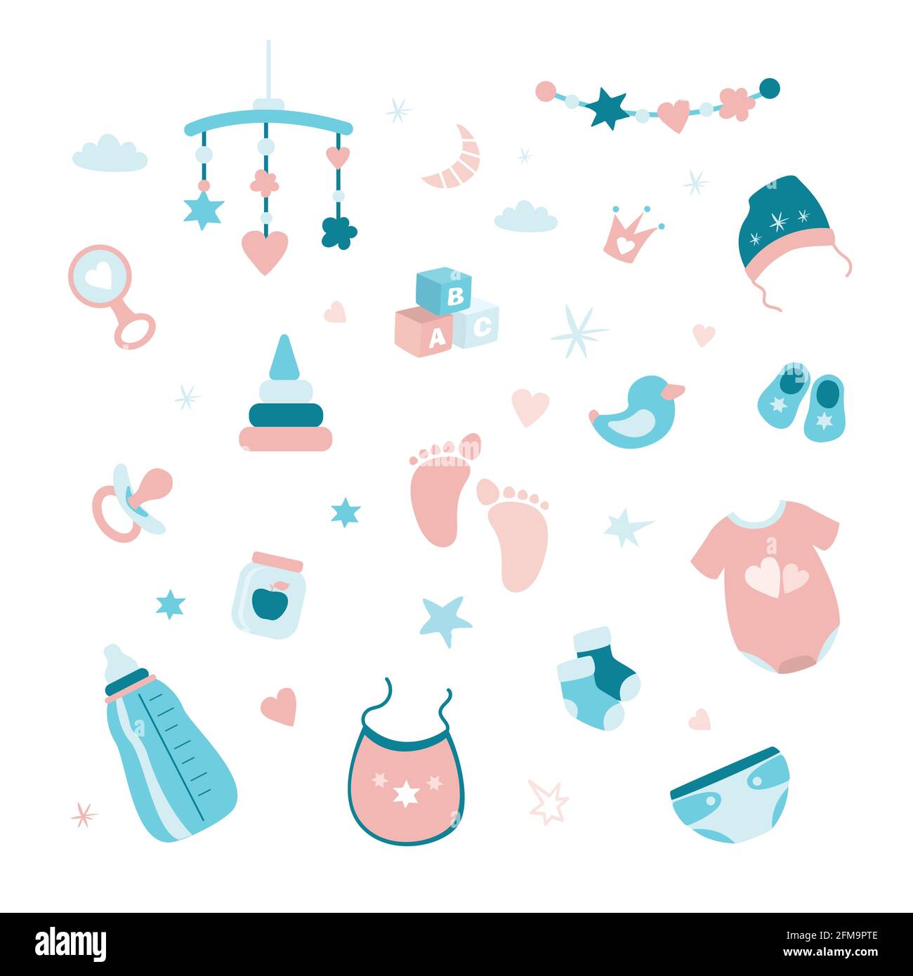 Set of elements and objects for a newborn baby. Collection of symbols and icons for infant. Doodle tools isolated on white background. Flat vector ill Stock Vector