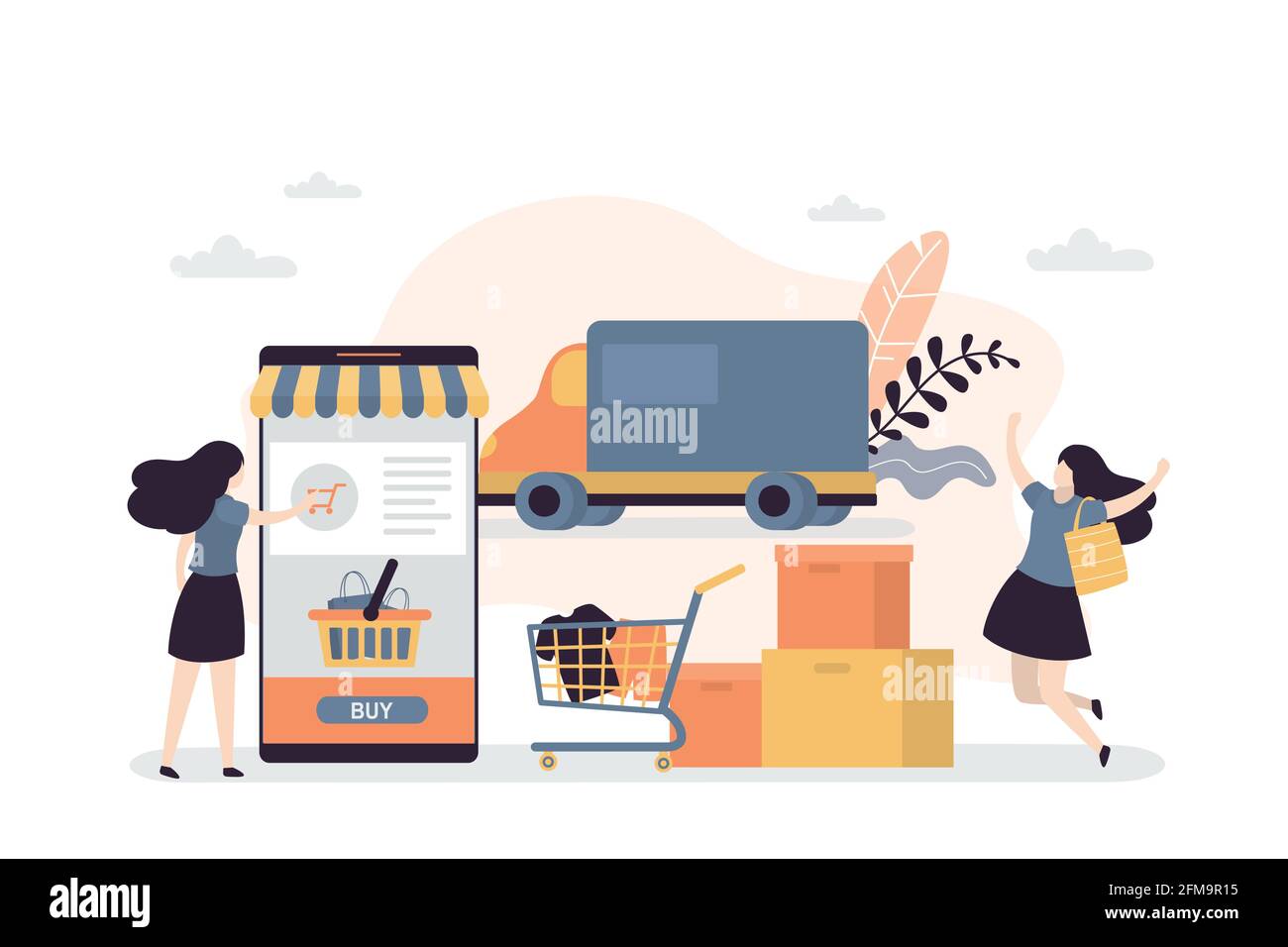 Delivery of goods from online store. Female character ordering and buy products in mobile app. Truck delivers goods from online marketplace. Happy Wom Stock Vector