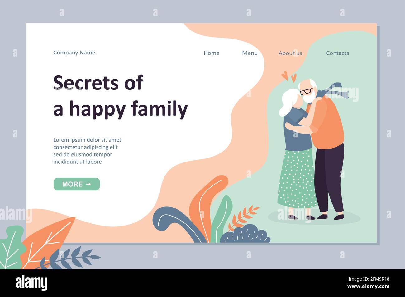 Secrets of a happy family landing page template. Seniors hugging. Loving couple of old people kisses. Cute elderly humans characters.Trendy vector ill Stock Vector