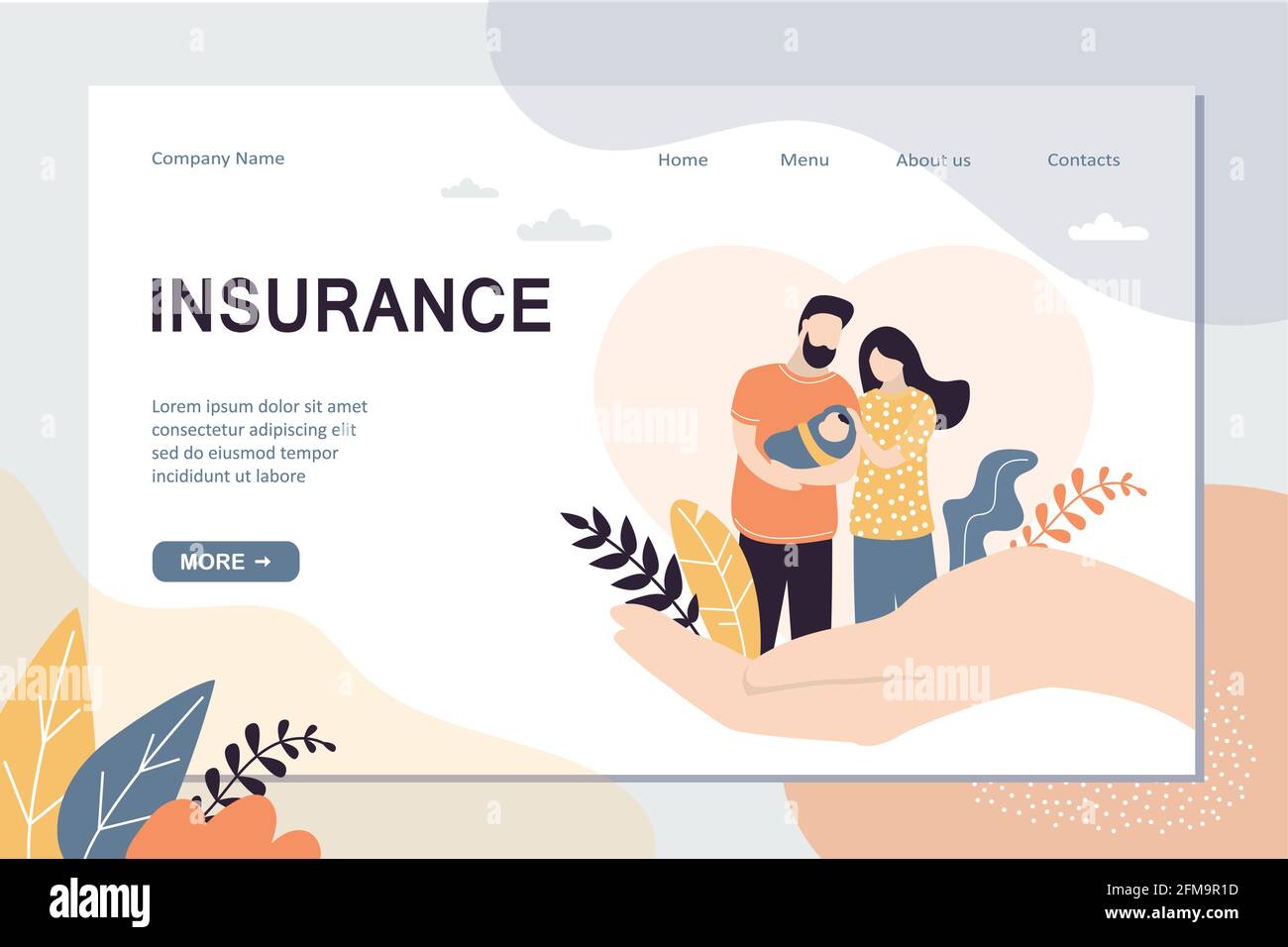 Insurance and healthcare landing page template. Big hands covering tiny people with newborn baby. Medical or financial assurance banner. Love couple w Stock Vector