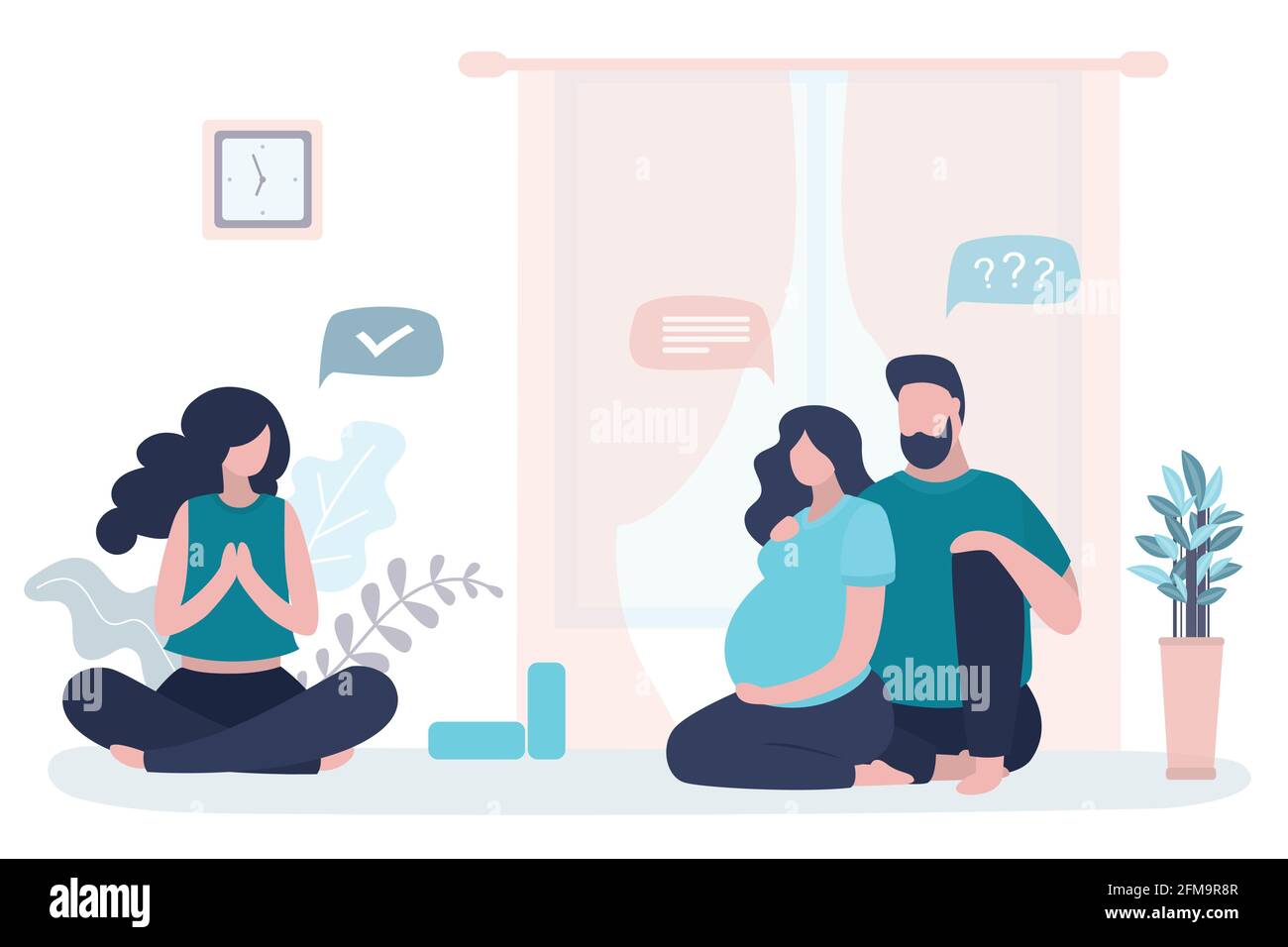 Happy love couple, female instructor sitting in lotus yoga pose. Beauty pregnant woman and handsome man in living room. Health care, athletic family i Stock Vector