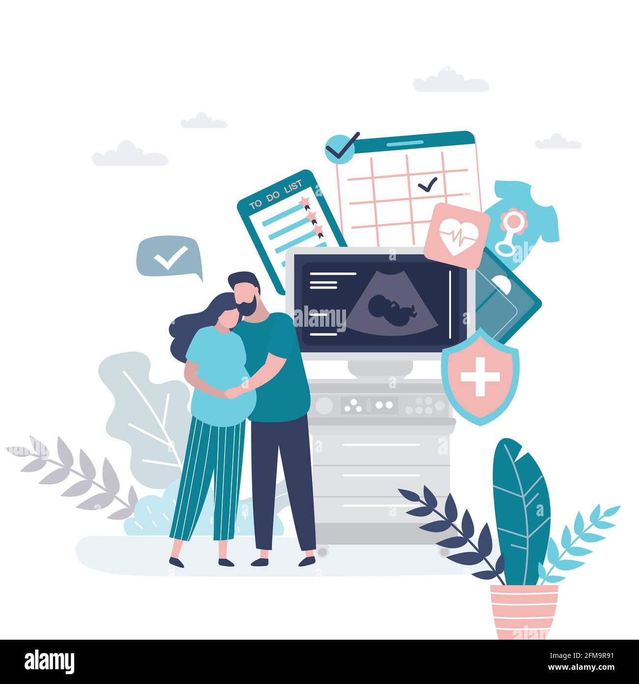 Prenatal health care concept. Love couple,ultrasound machine and medical signs. Pregnancy Planning,calendar and To do list. Happy pregnant woman and h Stock Vector