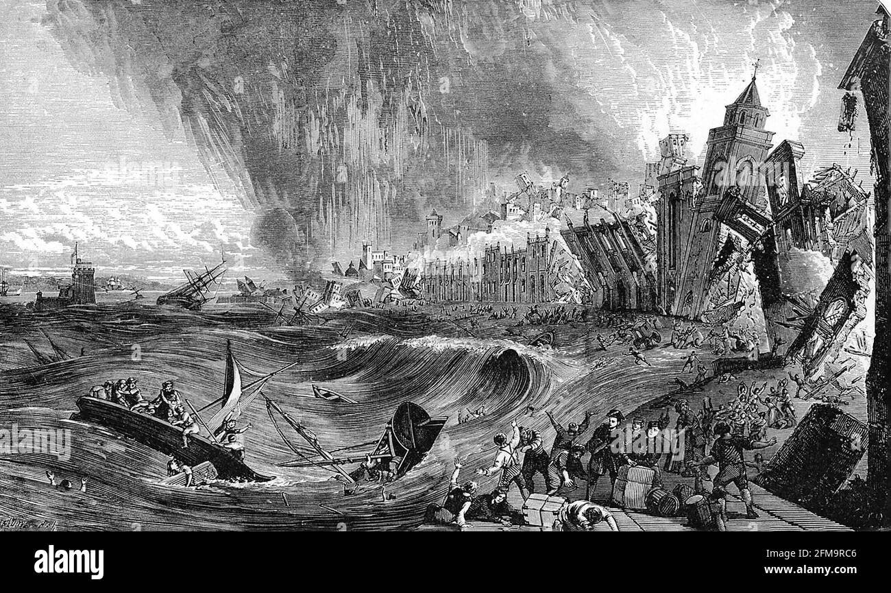 The Lisbon Earthquake 1755. Engraving, 1850 Stock Photo