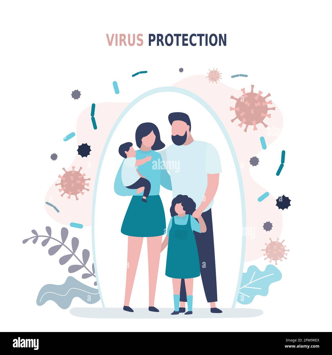 Happy parents with children is protected from viruses and diseases. Good immunity, vaccination and a healthy lifestyle. Family portrait in trendy styl Stock Vector