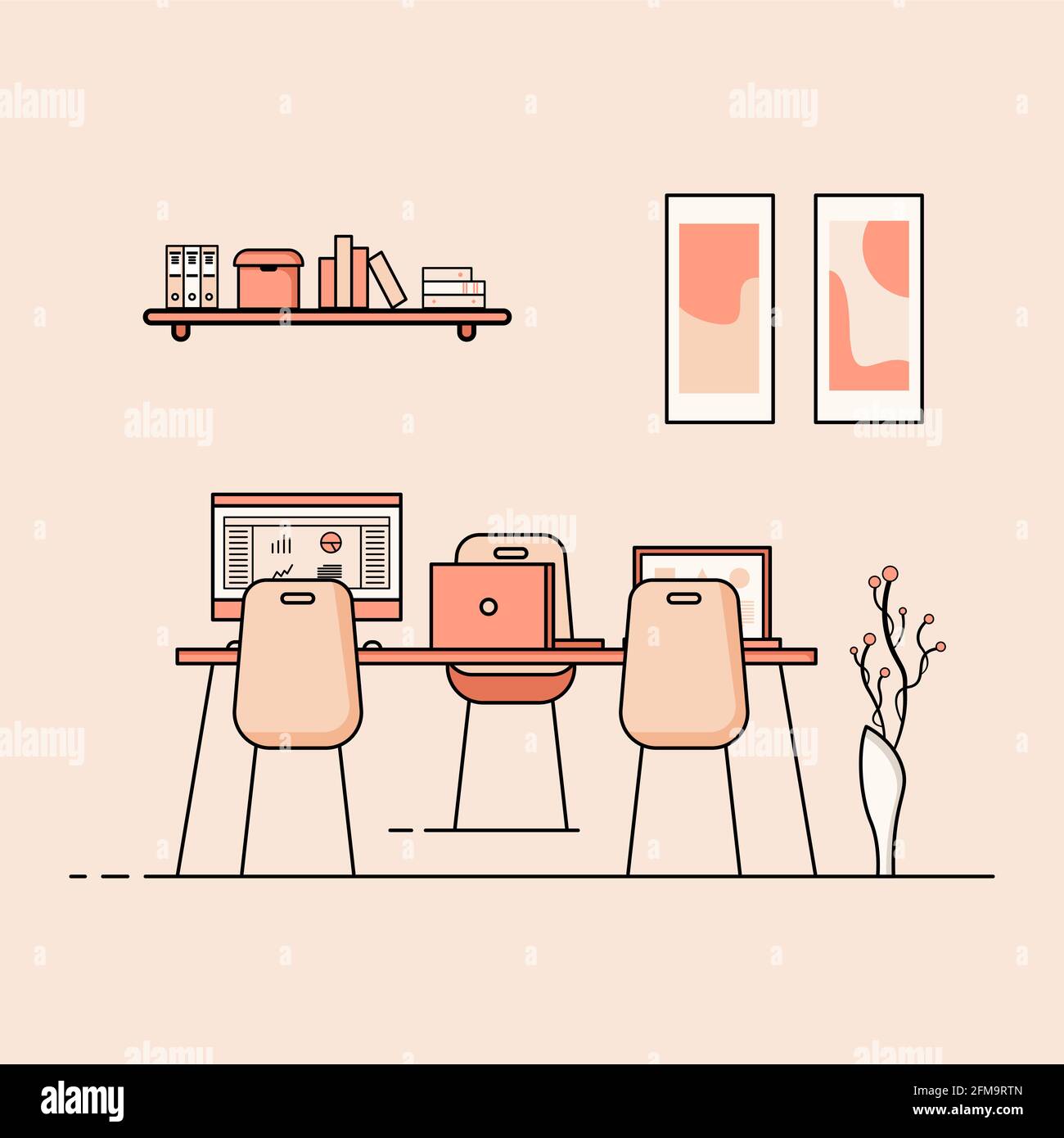 Working table flat design, Concept of working desk interior with ...