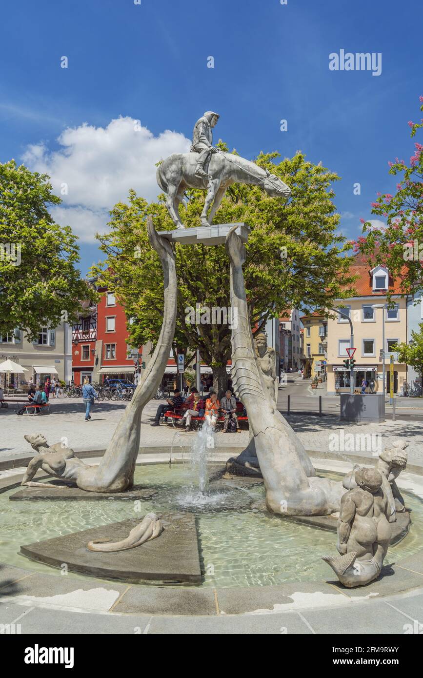 Fountain Bodenseereiter by the artist Peter Lenk, Ueberlingen, Baden-Wuerttemberg, Germany Stock Photo