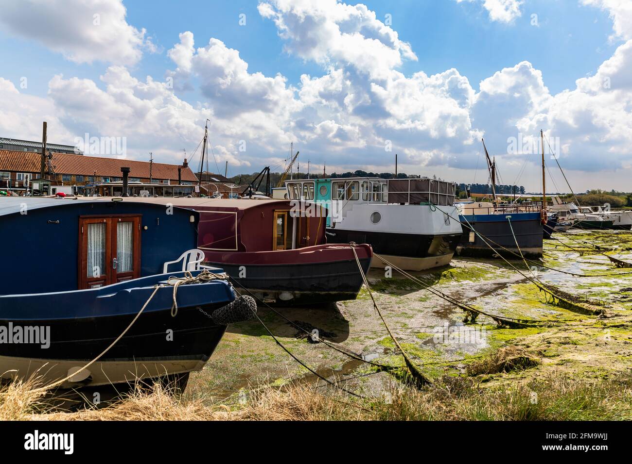 Woodbridge, Suffolk, UK April 30 2021: A grouping of house boats moored up on the River Deben in Suffolk at low tide Stock Photo