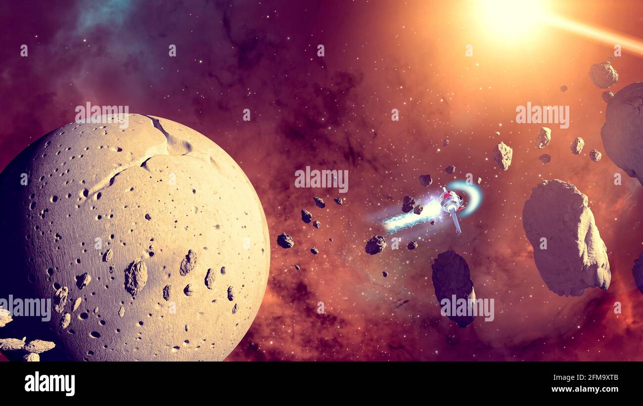 Spaceship traveling between exoplanets of other galaxies, asteroids and meteorites around a planet. Nebulae and stars in space. Conquest and discovery Stock Photo