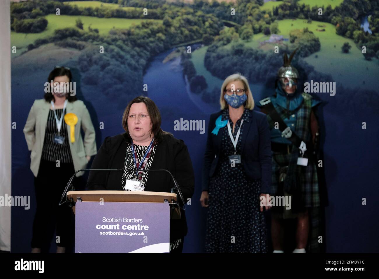Kelso, UK. 07.May.2021. Scottish Parliament Election 2021 - Declaration, Kelso, UK. Scottish Parliament election 2021 Netta Meadows Returning Officer, Declaration of ballots cast in the local constituency. Credit: Rob Gray/Alamy Live News Stock Photo