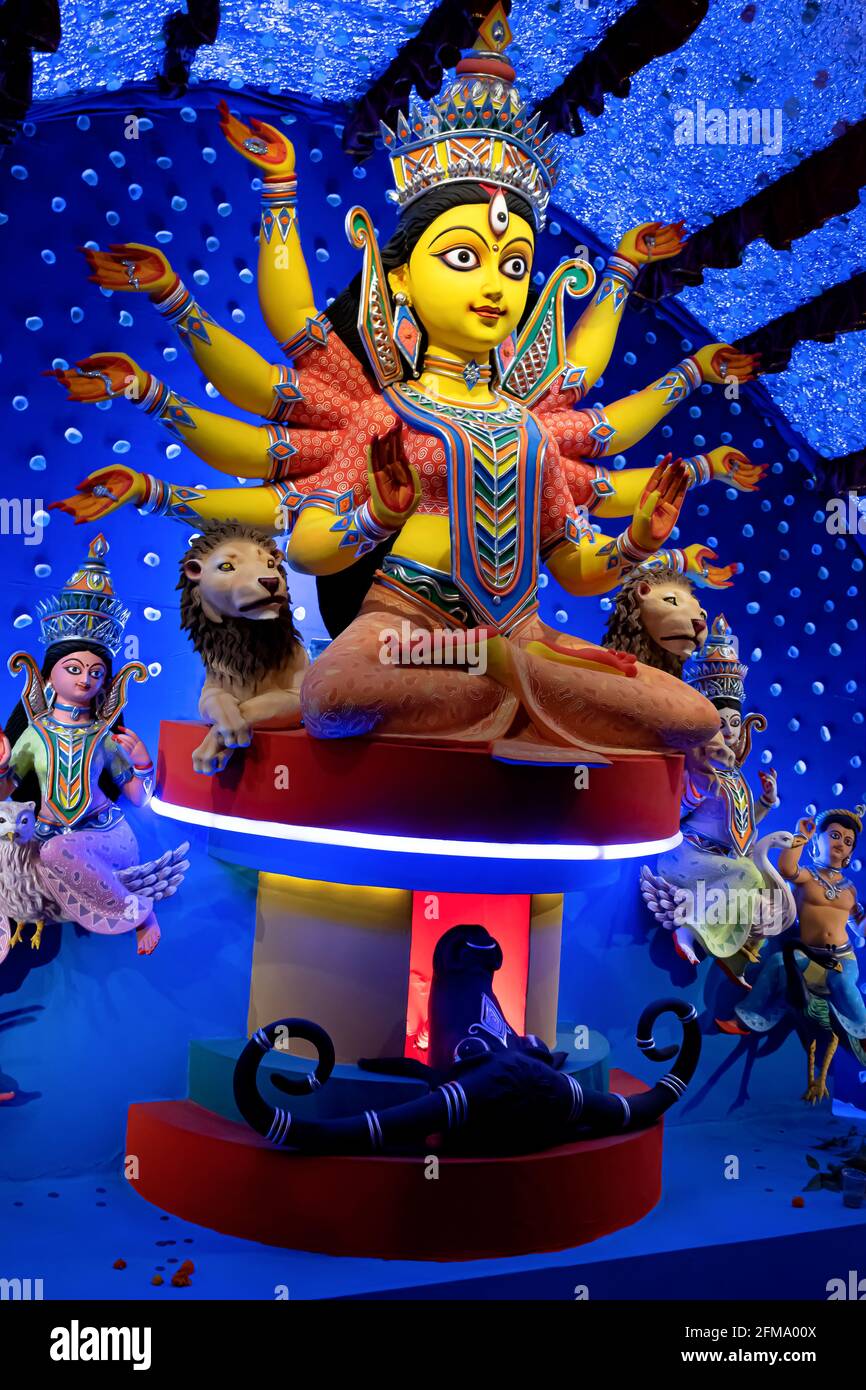Goddess Durga idol decorated at puja pandal in Kolkata, West Bengal, India. Durga Puja is biggest religious festival of Hinduism and is now celebrated Stock Photo - Alamy Goddess Durga idol decorated at puja pandal in Kolkata, West Bengal, India. Durga Puja is biggest religious festival of Hinduism and is now celebrated Stock Photo - Alamy