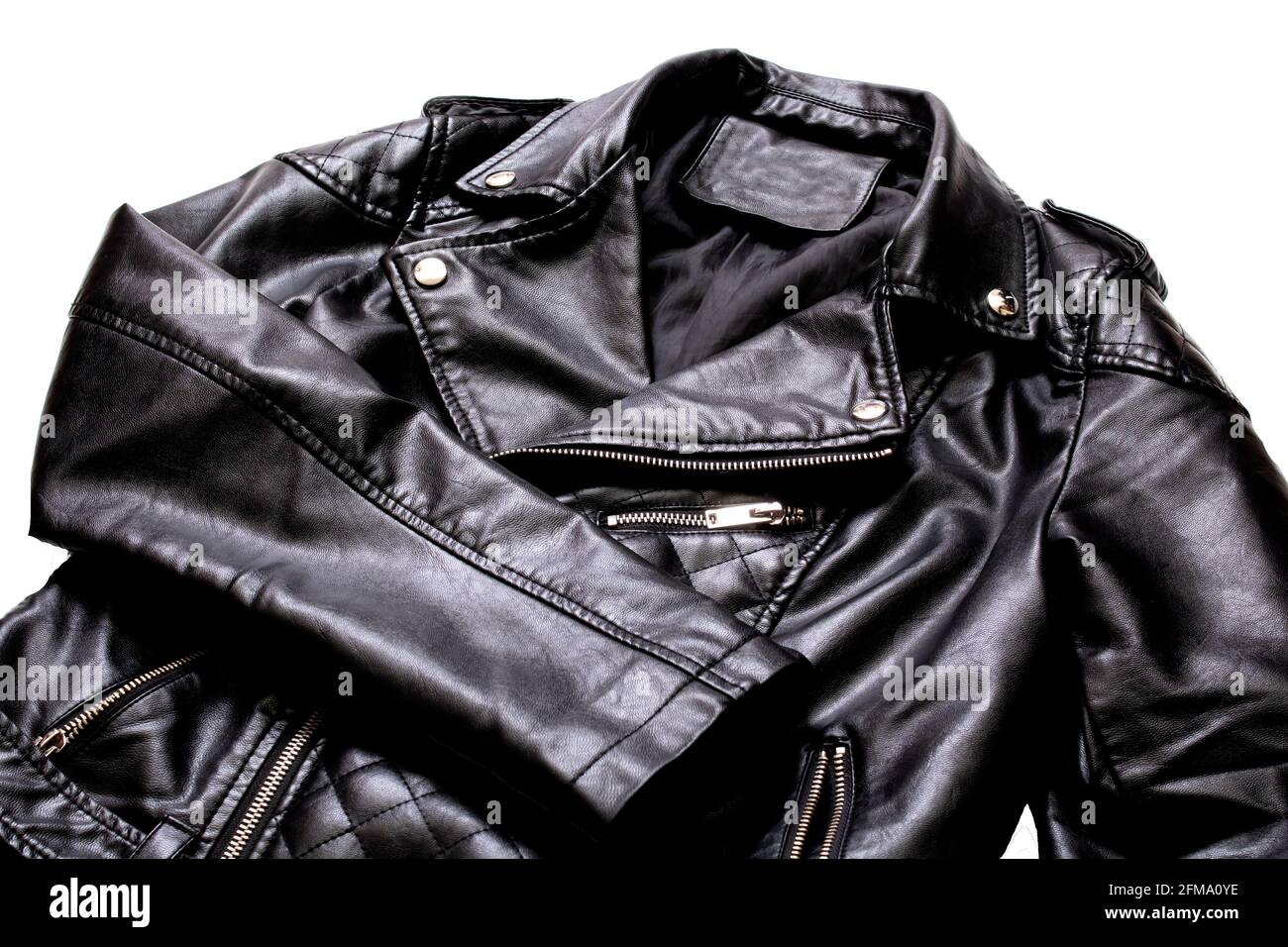 Black leather jacket isolated on white background close up Stock Photo