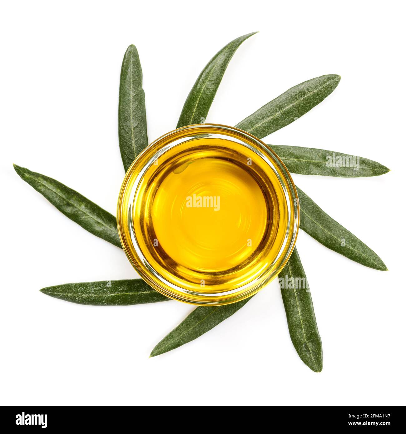 Olive oil. Greek olive oil in glass transparent bowl with olive leaf