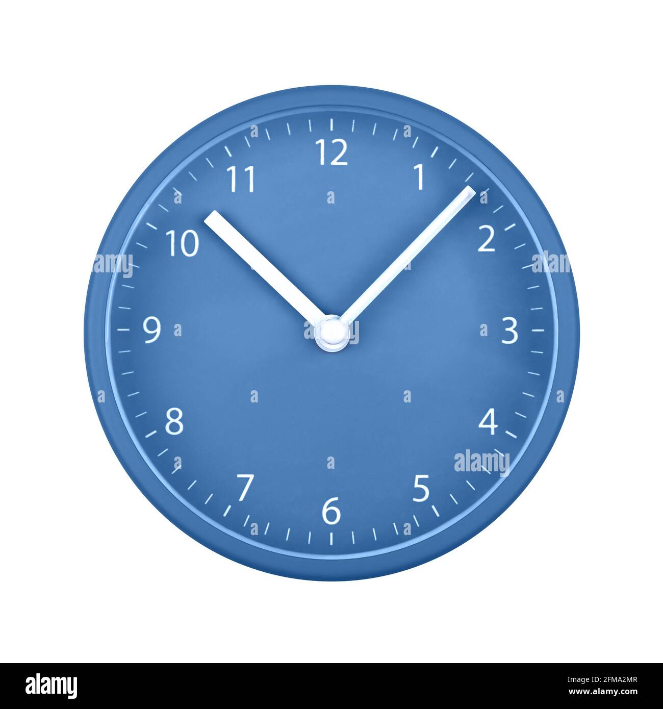 Close up blue wall clock face dial with Arabic numerals, hour and minute hands isolated on white