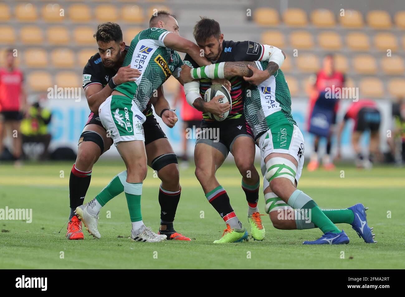 Parma, Italy. 07th May, 2021. Pierre Bruno (Zebre rugby) is double tackled  by Benetton defense during Rainbow Cup - Benetton Treviso vs Zebre Rugby,  Rugby Guinness Pro 14 match in Parma, Italy,