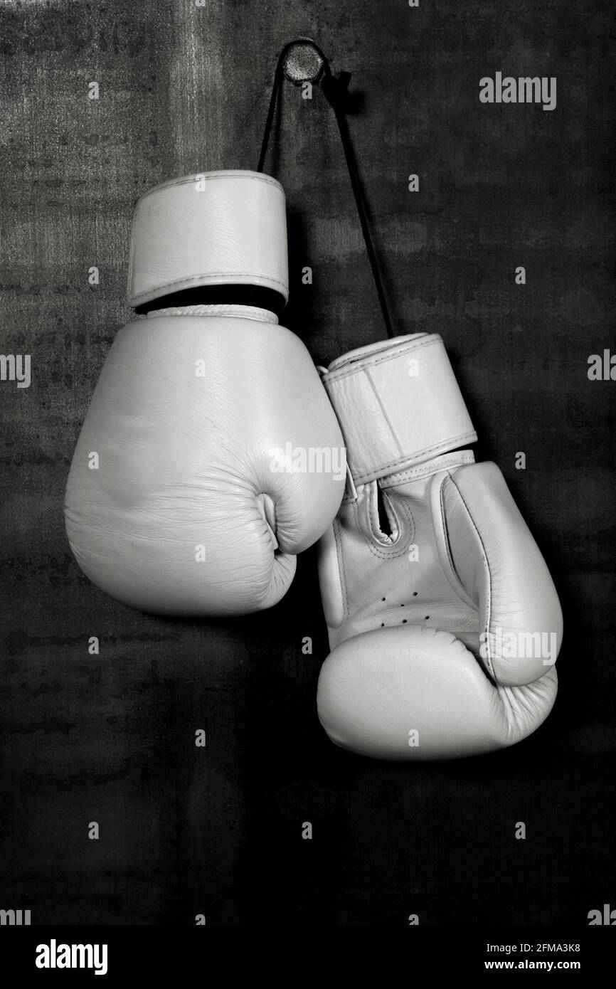 Close up pair of white leather boxing gloves hanging over black wall