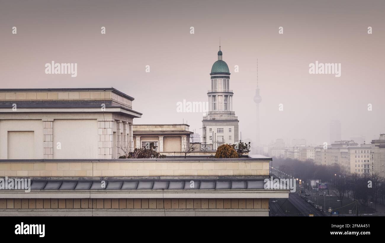 Berlin from above with a view of the foggy Karl-Marx-Allee on Frankfurt with the Berlin TV tower in the morning. Stock Photo