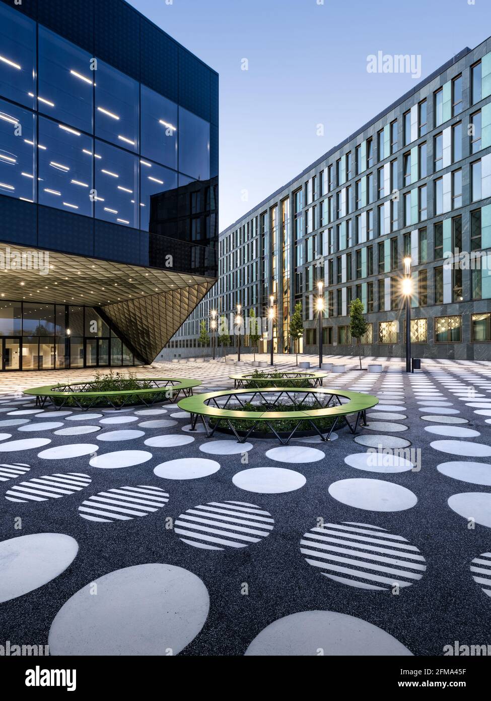 Architecture at the illuminated Berlin Futurium in the government district. Stock Photo