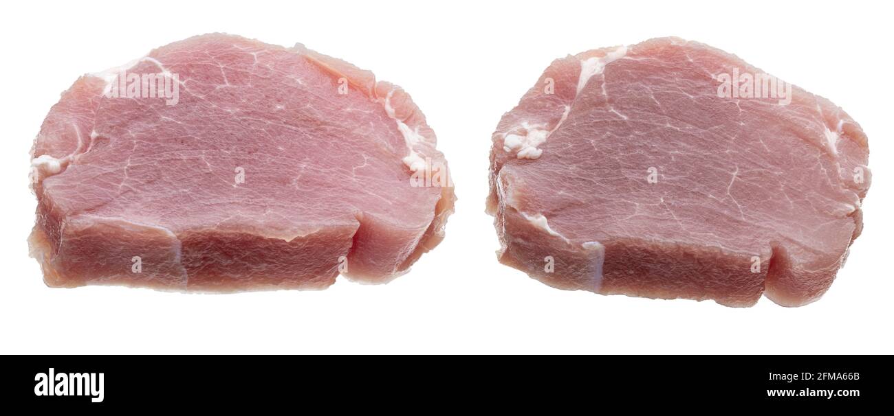 Raw pork tenderloin (sirloin) steaks (chunks), juicy and fresh. Isolated on white background. Stock Photo